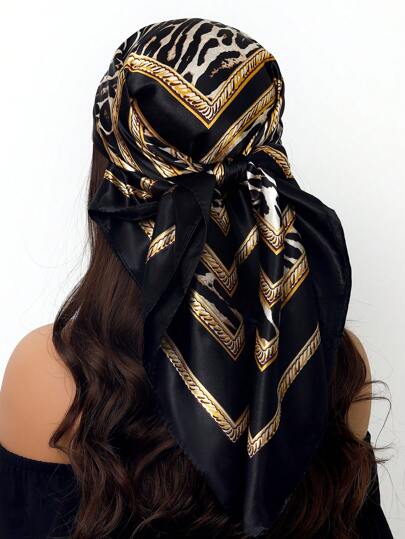 1 pieza Pañuelo cuadrado de 90 cm, pañuelo de seda con estampado de moda para mujer, para todas las estaciones y vestidos