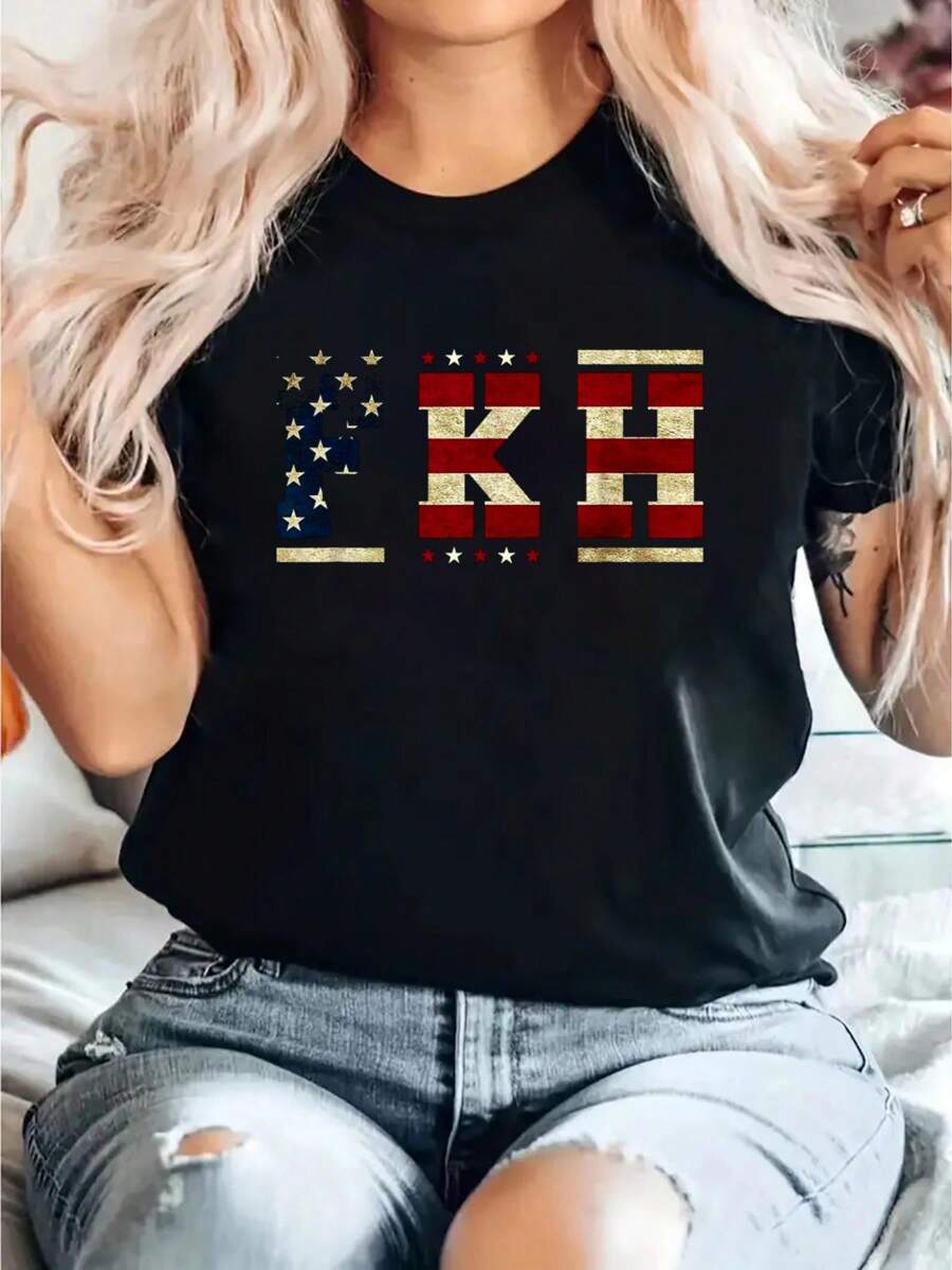 FKH Political Humor  Conservative Republican T-Shirt Women's Fashion Round Neck Pure Cotton T-Shirt Women's Clothing - Black - View 1