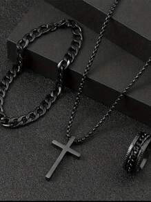 3pcs/Set Men's Hiphop Stainless Steel Chain Swivel Clasp, Pressure Resistant Ring, Bracelet, Cross Necklace - Arrow Three Piece Set - View 5