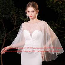 时尚蕾丝新娘婚纱披肩柔软派对夹克披肩仿珍珠斗篷连衣裙装饰透明宝石领女士连衣裙秋季女士服装 - 白色 - 查看 2
