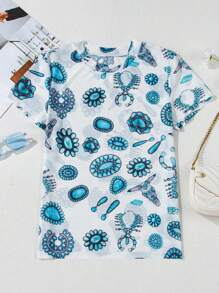 Fiyote Summer Sky Blue & Green Turquoise Retro Print Slim Fit Round Neck T-Shirt - Blue - View 4