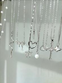 9pcs Fashionable, Elegant, Cute Design Necklace Set Including Butterfly, Heart, Cross, Bow, Snake, Rhinestone, Pearl Elements, Versatile For Holiday, Party, Daily Wear