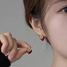 1 Set Enamel Cherry Burgundy Heart Necklace & Earrings, Simple French Elegant Clavicle Chain Jewelry Gift