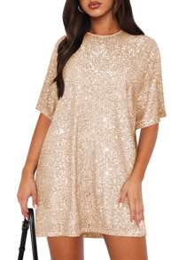 新款夏季欧美风格女士圆领聚会百搭亮片晚礼服