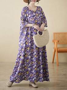 2026新款波西米亚风休闲度假连衣裙，紫色沙滩裙，女士优雅日常连衣裙，夏季新款圆领短袖连衣裙，女士大码度假连衣裙 - 紫色 - 查看 1