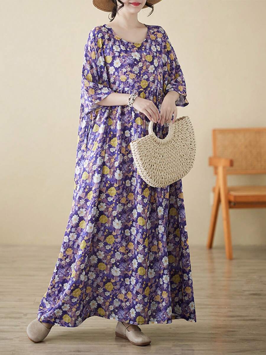 2026新款波西米亚风休闲度假连衣裙，紫色沙滩裙，女士优雅日常连衣裙，夏季新款圆领短袖连衣裙，女士大码度假连衣裙 - 紫色 - 查看 1