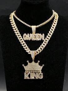 LIGHTSOME Hip Hop Bling Rhinestone Crown KING Pendant Necklace For Men Punk Tennis Chain Link With Queen Pendant Jewelry Gift For Women - Silver - View 5