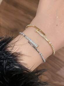 1pc Zirconia Nail Bracelet, Versatile Commuting Accessory, Simple & Elegant Geometric Adjustable Bangle