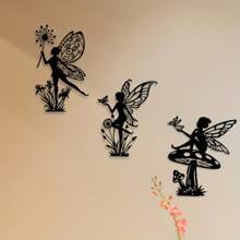 3pcs Black Metal Fairy Wall Art Set, Simple Fairy Silhouette Decor For Living Room, Bedroom, Bathroom, Kitchen, Terrace, Balcony, Indoor & Outdoor Use, No Electricity Needed,Garden Courtyard Wall Decoration.