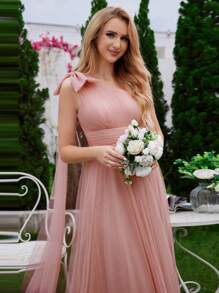 EVER-PRETTY Abito da damigella d'onore a-line in tulle con fiocco e nastro su una spalla, romantico
