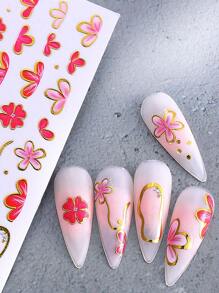2 piezas Calcomanías de uñas 3D con flor de hibisco rosa dorada, pétalos de flor de corazón rojo degradado, trébol de cuatro hojas, lazo asimétrico y líneas metálicas a rayas estilo Y2K holográfico para decoración de uñas, suministros de arte de uñas