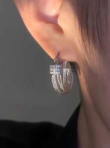 1 Pair Asymmetrical Hoop Earrings With Crystal Decor, Elegant For Women, Suitable For Party, Daily Wear, Celebration, Birthday Gift - Silver - View 3