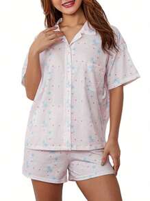 Women 2 Piece Pajamas Set Short Sleeve Floral Print Button Shirt Tops Shorts - 粉色 - 查看 8