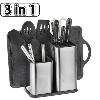 Universal Knife Holder And Cutlery Holder, 3 In 1 Stainless Steel Knife Holder - Universal Knife Holder, Countertop Kitchen Knife Storage Organizer, Edge Protector Knife Storage Organizer For Kitchen Countertop. Removable Cutlery Holder - Precise Cuts, Easy To Sharpen, Easy To Organize