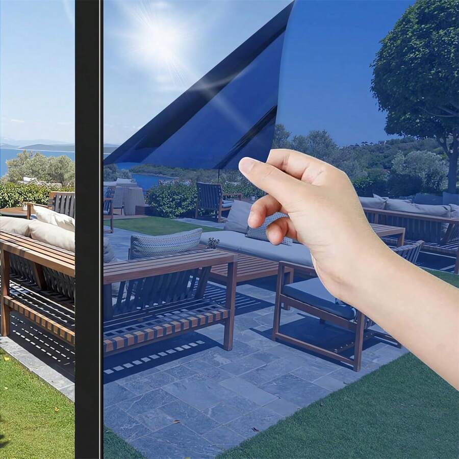 One Way Window Privacy Film Daytime Reflective Mirror Window Tint Self Adhesive Anti Glare UV Blocking Window Sticker For Home Office, Blue Silver