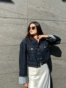 Áo khoác denim ve dài tay thời trang nữ - Màu xanh hải quân - Xem 5