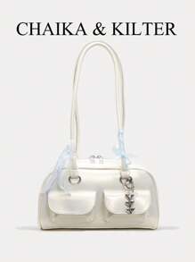 1 件 CHAIKA & KILTER 亮面 PU 皮革女士单肩包，时尚多口袋大容量波士顿保龄球包，带拉链开合，适合日常和户外使用（附吊坠） - 米色 - 查看 3