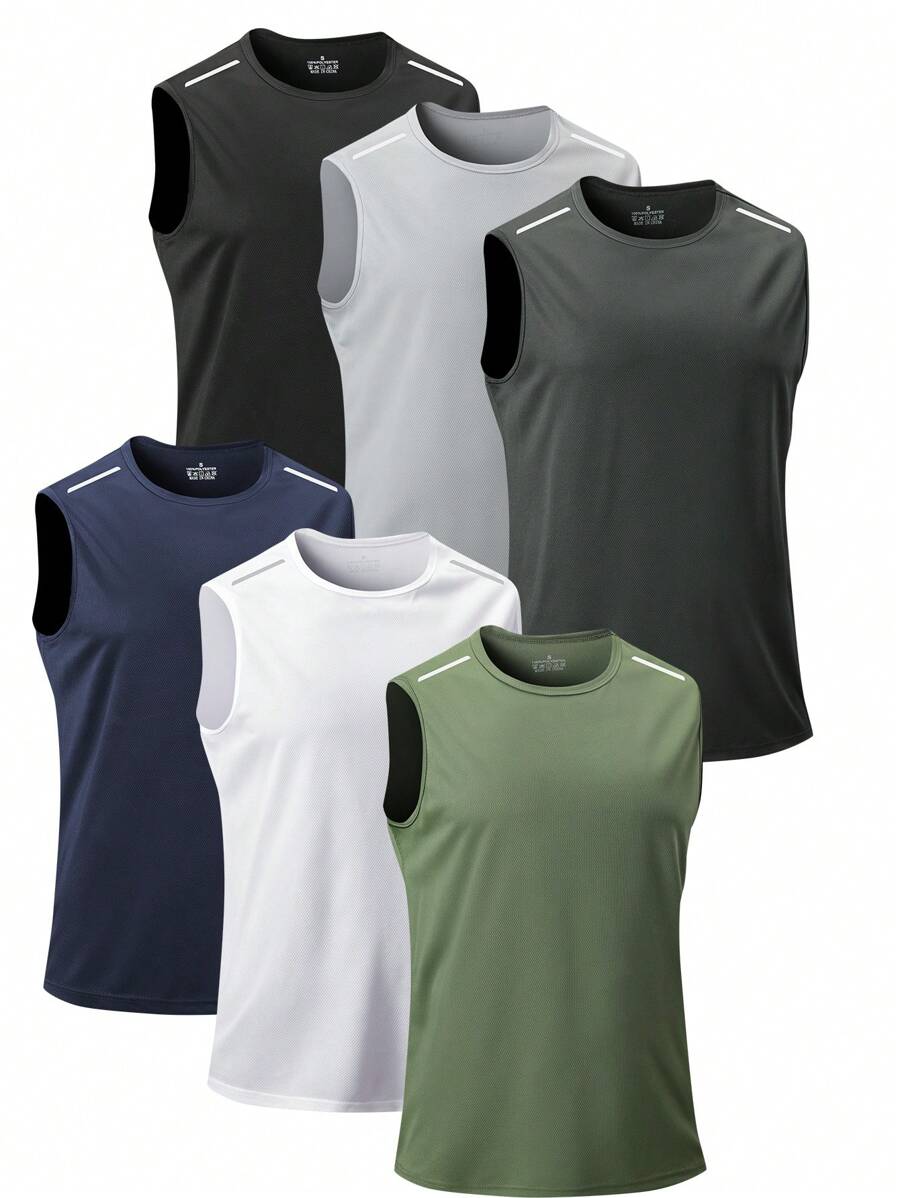 6件装男士运动无袖T恤，休闲跑步训练健身运动上衣，黑色夏季款 - 黑色 - 查看 1