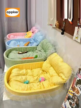 APPKER [豪华猫沙发床] 豪华公主猫沙发床 - 可清洗，可拆卸罩，四季舒适 - 复古风格，粉色、蓝色、绿色、黄色，带纱布边缘和格子图案