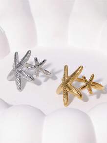 1pc Ocean Element Beach Starfish Stainless Steel Ring, Fashionable Versatile Non-Fading 18k Gold Open Ring, High-End - Ring - View 5