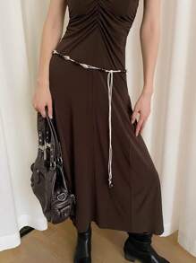 1pc Beige Women's Polyester Bohemian Style Shell & Wooden Bead Woven Belt - Beige - View 1