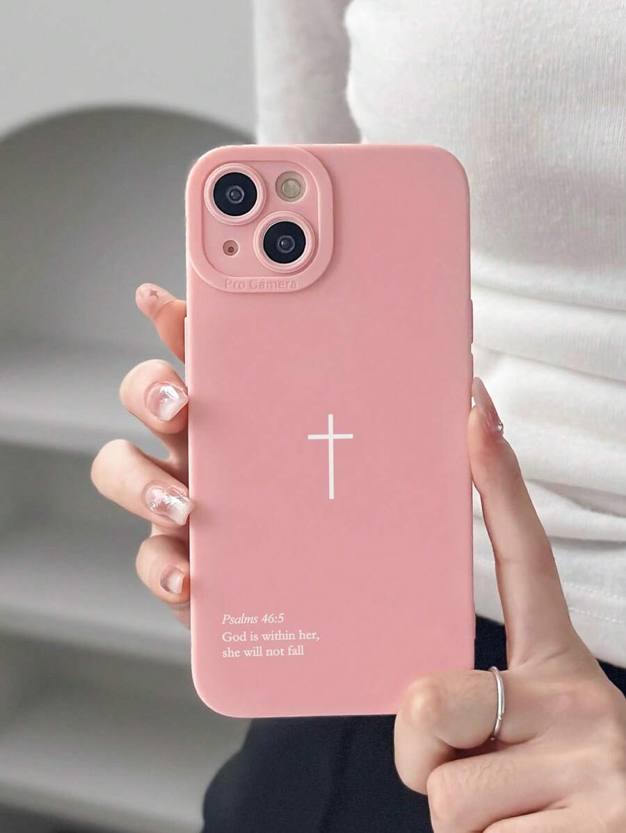 White Pink Slogan Element Fashion Phone Case Psalm 46:5 Cross Christian Style Phone Case Compatible With IPhone Galaxy And Other Smartphone Models Pink Floral Print Can Be Used As A Gift Or For Personal Use Easter Spring Gift Birthday - Multicolor - View 1