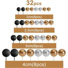 32 Pcs Ball Cake Topping Decoration Mini Balloon Cake Decoration Stick Foam Ball Cake Paddle Cake Decoration For Wedding Party Birthday Cake Decoration Gold, Silver Black