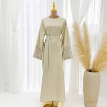 1 件朴素亚麻长袍配腰带，女式阿拉伯民族服装，纯色经典时尚休闲优雅朴素简约长袍长袍披肩，刺绣袖口，透气舒适面料，适合日常生活、节日、聚会、晚会、旅行、度假 - 杏色 - 查看 9