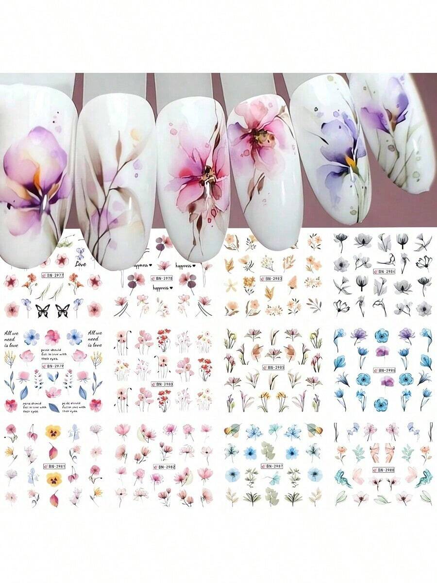 4张水溶性花朵美甲贴纸，花叶图案，美甲贴纸，美甲配件，DIY美甲用品 - 彩色 - 查看 1