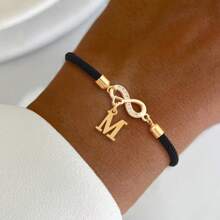 1 件经典简约密镶锆石无限符号不锈钢首字母吊坠可调节绳手链女式 - 黑色 - 查看 1