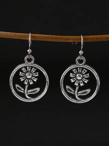 4 对复古波西米亚风格仿旧花朵、章鱼、海豚耳环套装，女士休闲百搭日常佩戴耳环 - 復古銀色 - 查看 2