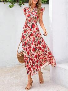 Women's Summer Print Mid-Length Dress With Sleeve Cap V-Neck Ruffled Long Flowing Bohemian Style Casual Beach Vacation Dress And Sundress - 橘粉底紅花 - 查看 4
