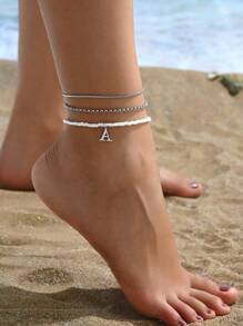 全新 3 件装波西米亚风个性首字母脚链套装不锈钢 26 个字母吊坠多层脚链女式海滩名字首字母首饰女