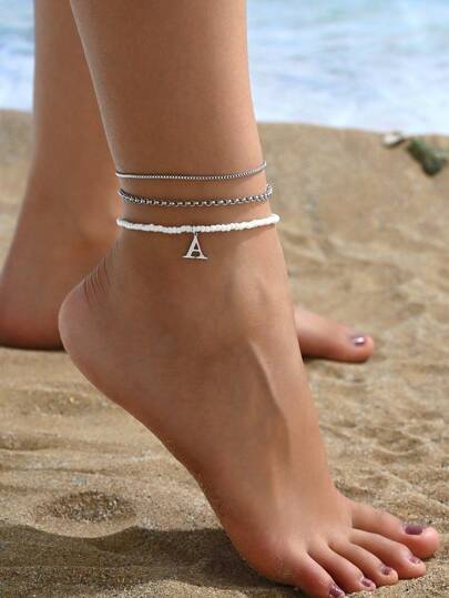 全新 3 件装波西米亚风个性首字母脚链套装不锈钢 26 个字母吊坠多层脚链女式海滩名字首字母首饰女