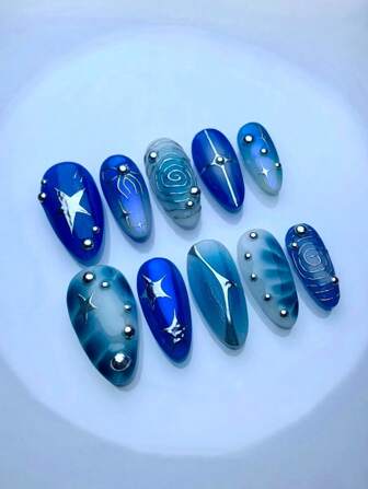 10件套DIY美甲套装，甜美炫酷设计：蓝色海洋、星星、可爱蝴蝶结、漩涡、条纹、钢珠装饰，适合所有女士和女孩。每盒包含指甲锉和果冻胶，易于佩戴，适用于指甲，美甲用品