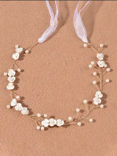 1 件手工制作的柔软珍珠三瓣花头带、发饰、发髻头带、婚纱假发