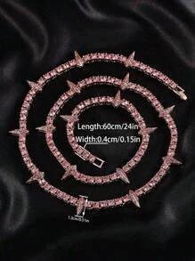 Fashion Crystal Pink Butterfly Pendant & Punk Spiked Cuban Link Chain Necklace Set, Unisex Party / Gift Decorative Box Included