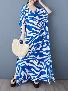 上衣连衣裙，2025 年夏季 V 领袖度假沙滩裙，成衣，波西米亚风休闲度假大码连衣裙，女士大码优雅日常连衣裙 - 藍色 - 查看 1