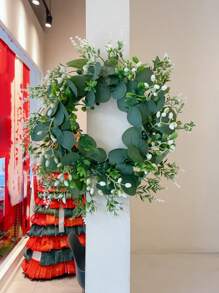 1pc Artificial Flower Wreath, Spring Green Floral Garland With Leaves, Home Decoration Wreath For Wall, Door, Gate - Fake Plant Wreath - Green - View 13