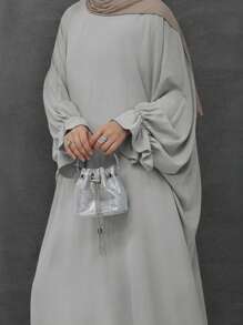 休闲编织纹理圆领套头衫，荷叶边喇叭袖宽松长裙