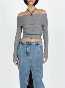 Womens Off-Shoulder Cropped Tops Solid Color Ribbed Boat Neck Long Sleeve Show Navel Knitwear - Grey - View 3