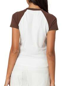 Women's Summer Tops Striped Raglan Sleeve Round Neck Letter Print T-Shirts Street Blouses - Brown - View 7