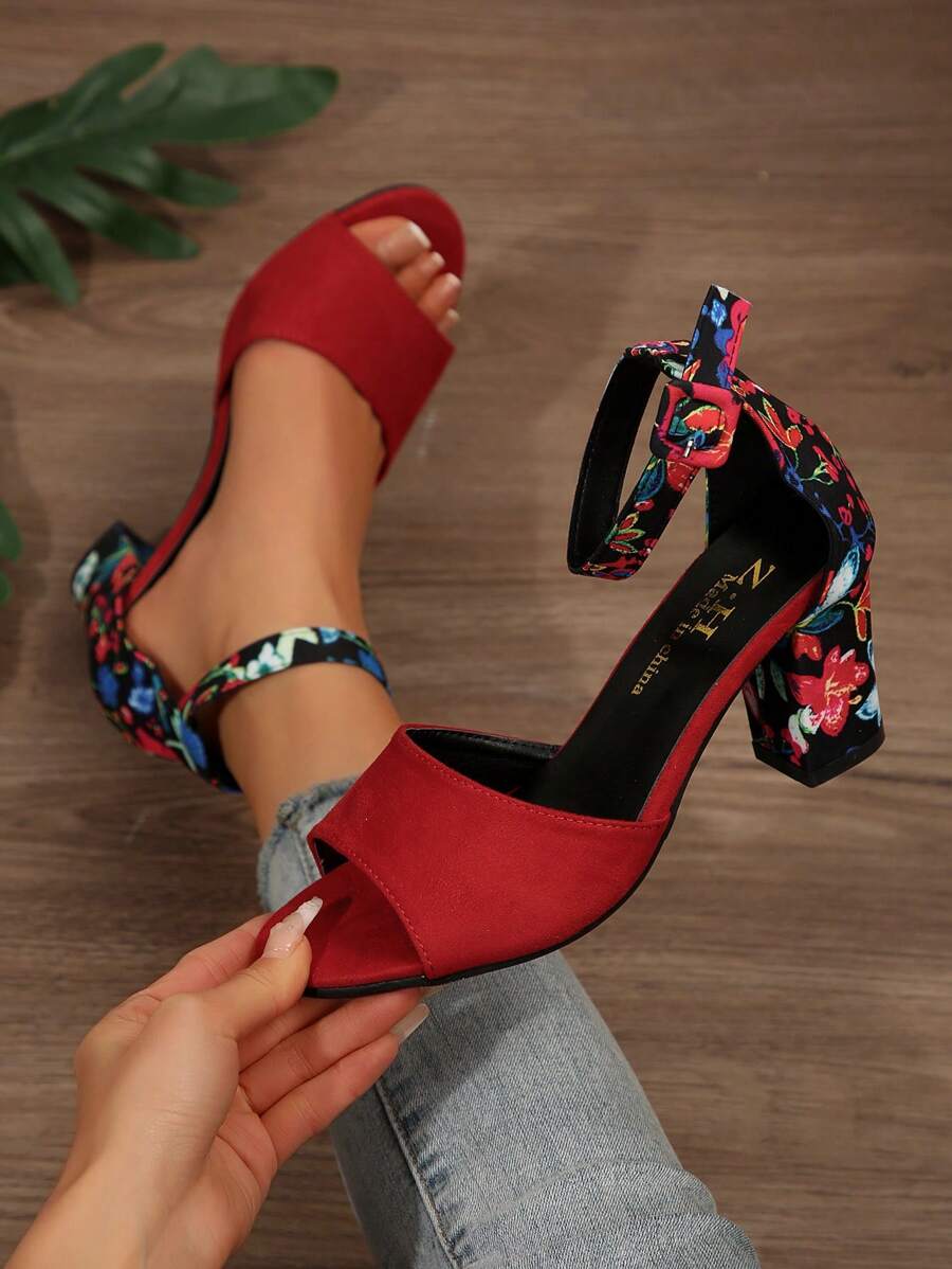 2025 春夏新款女士凉鞋,黑色系带露趾性感法式粗跟中跟踝带时尚百搭高跟鞋 - 紅色 - 查看 1