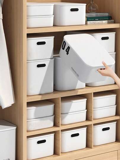 1 pieza Caja de almacenamiento de plástico blanco para sala de estar, cocina, estudio, comedor, dormitorio - Para juguetes, bocadillos, bebidas, medicamentos, ropa, ropa interior, calcetines, etc. (Viene con tapa, sin etiquetas adhesivas)
