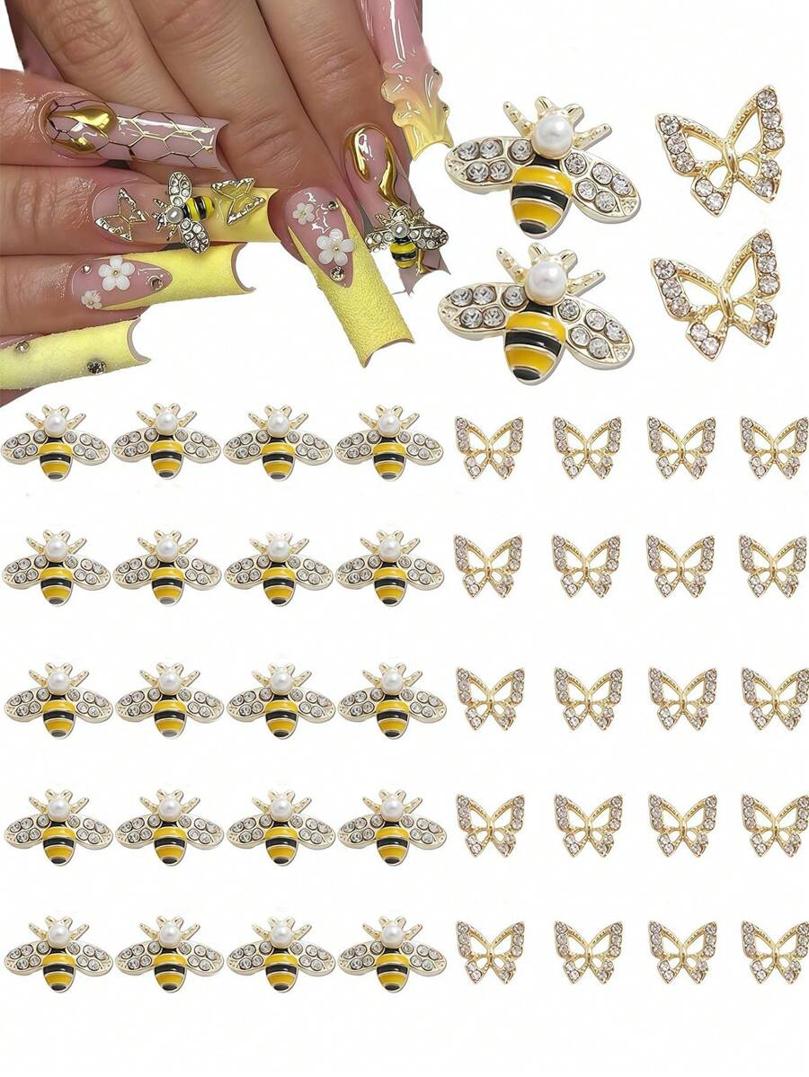 40 Pcs Gold Nail Charms Set With 20 Pcs Gold Alloy Bees & 20 Pcs Gold Butterflies For Women & Girls DIY Craft