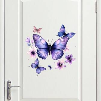 1 PIEZA Calcomanías de pared con flores moradas creativas y mariposas, adhesivo de vinilo decoración hermosa de mariposas para pared de dormitorio, baño, puerta, ventana, decoración del hogar, decoración de habitación, decoración de baño, decoración de dormitorio, decoración de sala de estar, decoración de la casa, papel tapiz de sala de estar, calcomanías personalizadas