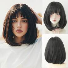7JHH WIGS Short Black Bob Wig With Bangs,Dark Brown Shoulder Length Wigs Natural Synthetic Heat Resistant Fiber Layered Curly Wigs For Women Daily School Use 16 Inch
