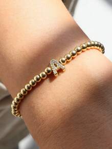 经典时尚锆石字母吊坠可调节链条手链，奢华A-Z字母手链，女士珠宝礼品 - 金色 - 查看 2