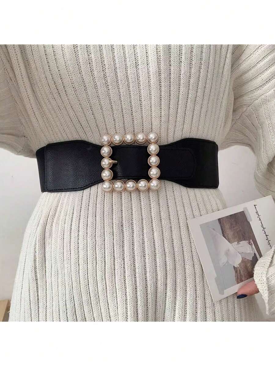女士时尚珍珠弹力腰带，装饰性束腰配饰，适合毛衣、连衣裙、西装，用途广泛 - 彩色 - 查看 1