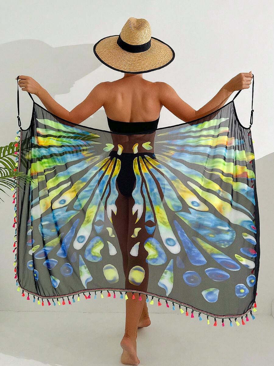 女士泳衣罩衫，波西米亚风格网眼蝴蝶印花沙滩裙，涤纶和氨纶混纺透明面料 - 性感透明围巾，透气夏季披肩，带有彩色流苏，适合泳池、海滩、度假